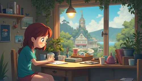 LOFI,a girl sitting at a desk looking out a window,girl studying,coffee tea illustration,game illustration,sci fiction illustration,mabel,summer evening,cute cartoon image,arrietty,background design,k
