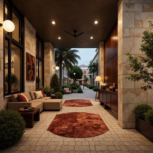 Richly textured stone walls, ornate metalwork details, smooth wooden accents, vibrant ceramic tiles, intricate stucco patterns, luxurious velvet fabrics, natural earthy tones, warm ambient lighting, s
