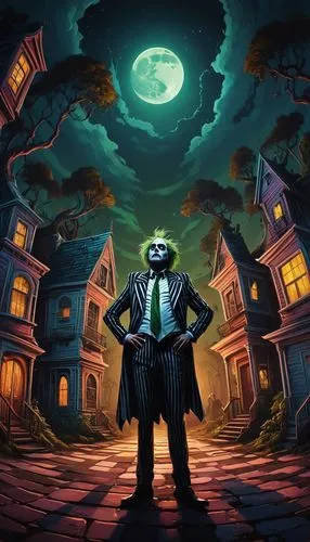 Beetlejuice fundo dark comédia ,the clown in a suit standing by some buildings,halloween background,scummvm,darkwing,toontown,bioshock,moonman
