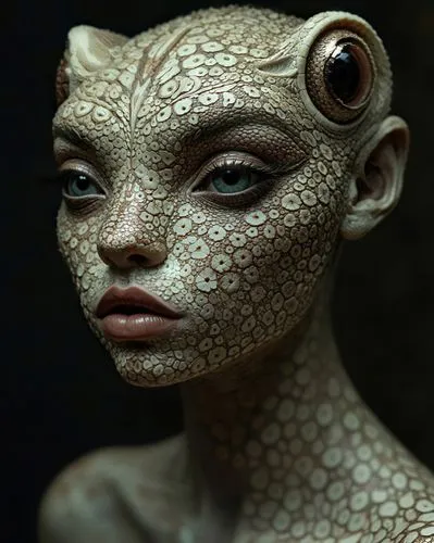Create a highly detailed and surreal portrait of a humanoid figure with a face entirely covered in intricately arranged cut nuts, such as hazelnuts, walnuts, and almonds. The design features textures 