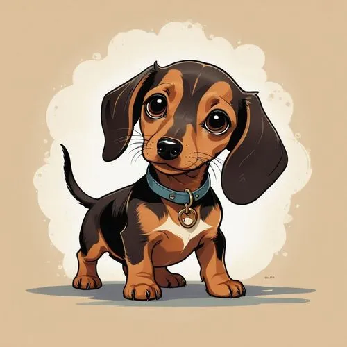 A baby dachshund,a cute little brown puppy with a blue collar and necklace,dachshund,dog illustration,dachshunds,beagle,dog drawing,vector illustration,basset,pet portrait,dog cartoon,little dog,cute 