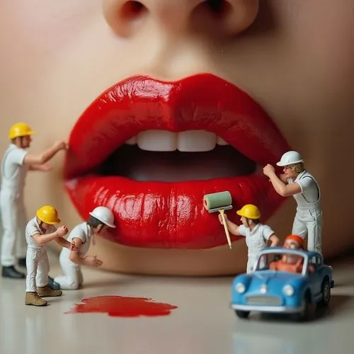 Macro photograph of a pair of glossy red  lips being painted by miniature construction workers, the workers are dressed in white overalls and hard hats, some using paint rollers and brushes, others op
