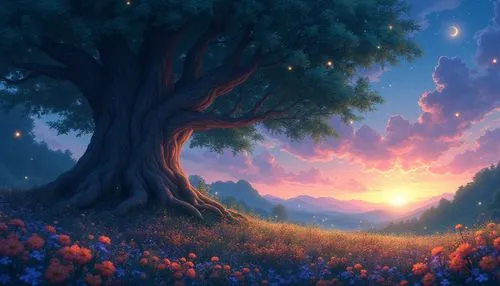 Create a magical anime-style night landscape showcasing a massive ancient tree with a thick trunk and sprawling roots. The tree’s canopy should glow with soft golden light, and fireflies should float 