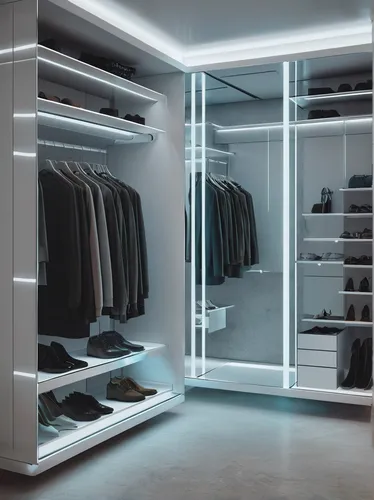 Imagine a futuristic walk-in closet with automated racks and holographic mirrors.,walk-in closet,closet,wardrobe,under-cabinet lighting,women's closet,garment racks,vitrine,shelving,shop fittings,shel