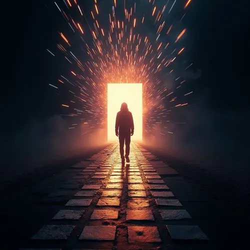 A silhouette of a person walking on a pathway that leads to a radiant, glowing doorway. The pathway is adorned with a checkered pattern. The background is dominated by a mesmerizing display of multico
