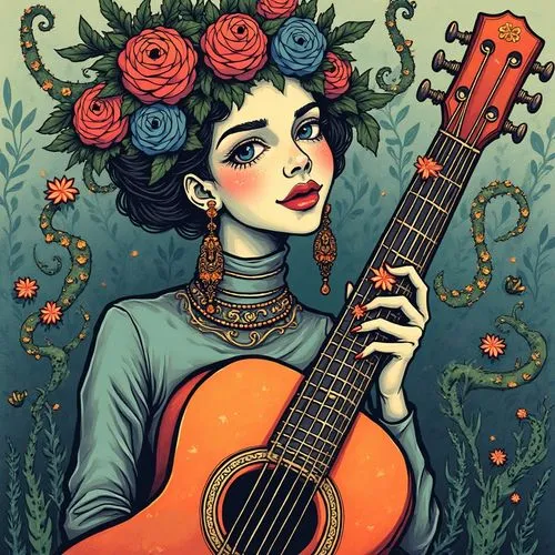A surreal composition drawn with ink marker technique using perfect horizontal lines. A guitar woman holds a stylized guitar, both abstracted into solid gradient spheres (blue, red, and green) with ho