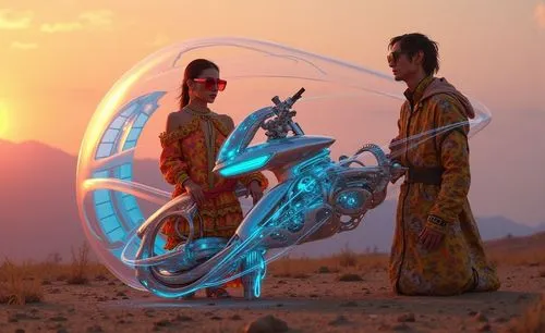 two people are standing near a futuristic object,shamans,burning man,dream catcher,tribes,bicycle wheel,snake charmers,woman bicycle,indigenous culture,gyroscopic,aerial hoop,tandem paragliding,whirl,