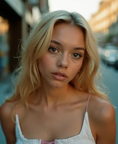 A portrait close up of a beautiful young woman with long blonde hair whit a pink belt in this and brown eyes, wearing a white sleeveless top with a neckline and blue jeans, standing with confidence o
