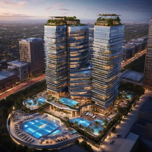 Two 14 stories, solor glass, renewable energies, triangular outer buildings, one 14 stories octagonal center building, three pools, one rooftop deck pool, balconies on one building,,largest hotel in d