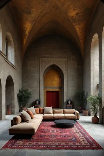A grand and dramatic living space with a blend of historical and modern aesthetics, featuring soaring arched ceilings with intricate faded frescoes and a patina that evokes a sense of timeless eleganc