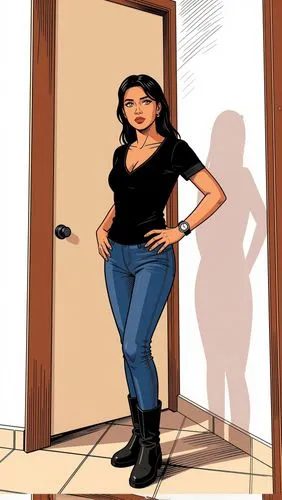 Manhwa Style :
Latin woman with Mexican features, gold-brown eyes., she wears black blose. 

,a person in jeans and boots standing at a door,comic character,caricatured,caricature,fashion vector,cutou