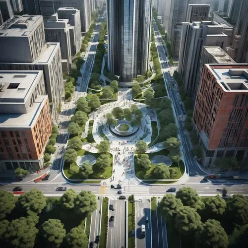 Urban planning, architectural site analysis, diagram, 3D model, bird's eye view, cityscape, skyscraper, modern building, concrete structure, glass façade, steel beam, intricate details, urban landscap