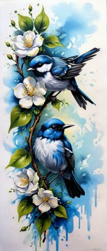 By Tun Tun,  Create tattoo design, blue, black and white, many jasmines and a small bird, Please provide an in-depth critique of my artwork. Assess the composition, balance, and use of color, discussi