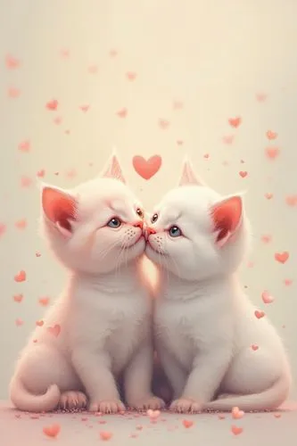 Two marshmellow kitten in love pastel colors, detailed, 8k,two white kittens are looking into each other's eyes,puffy hearts,mignons,cat love,kittens,lub,sweethearts,fluffs,cat lovers,two hearts,cute 