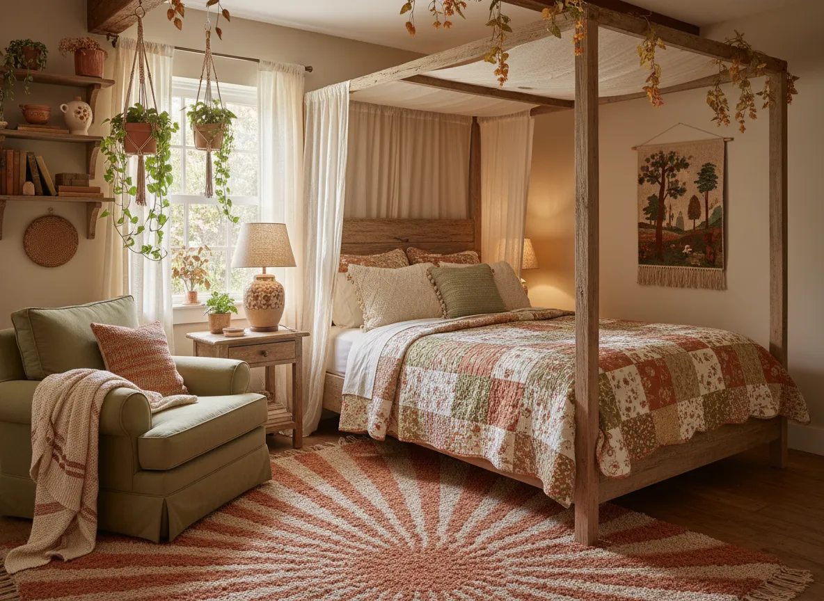 An AI-generated image of a Cottagecore bedroom featuring a warm, earthy color palette with terracotta, sage green, and cream tones.