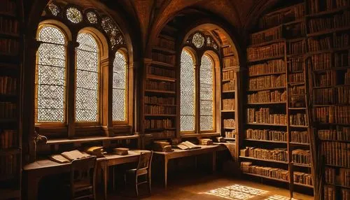 "Old, leather-bound books, stacked on wooden shelves, dusty atmosphere, dimly lit library, quiet reading room, afternoon sunlight filtering through stained glass windows, ancient civilizations, Egypt,