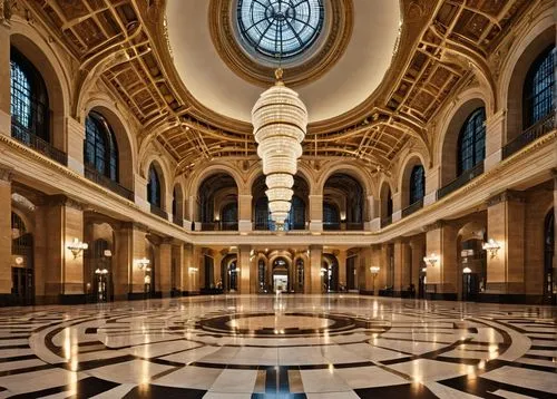 Radial organization building, futuristic, circular structure, symmetrical design, grand central hall, high ceiling, natural light pouring in, intricate patterns on floor, marble walls, ornate chandeli