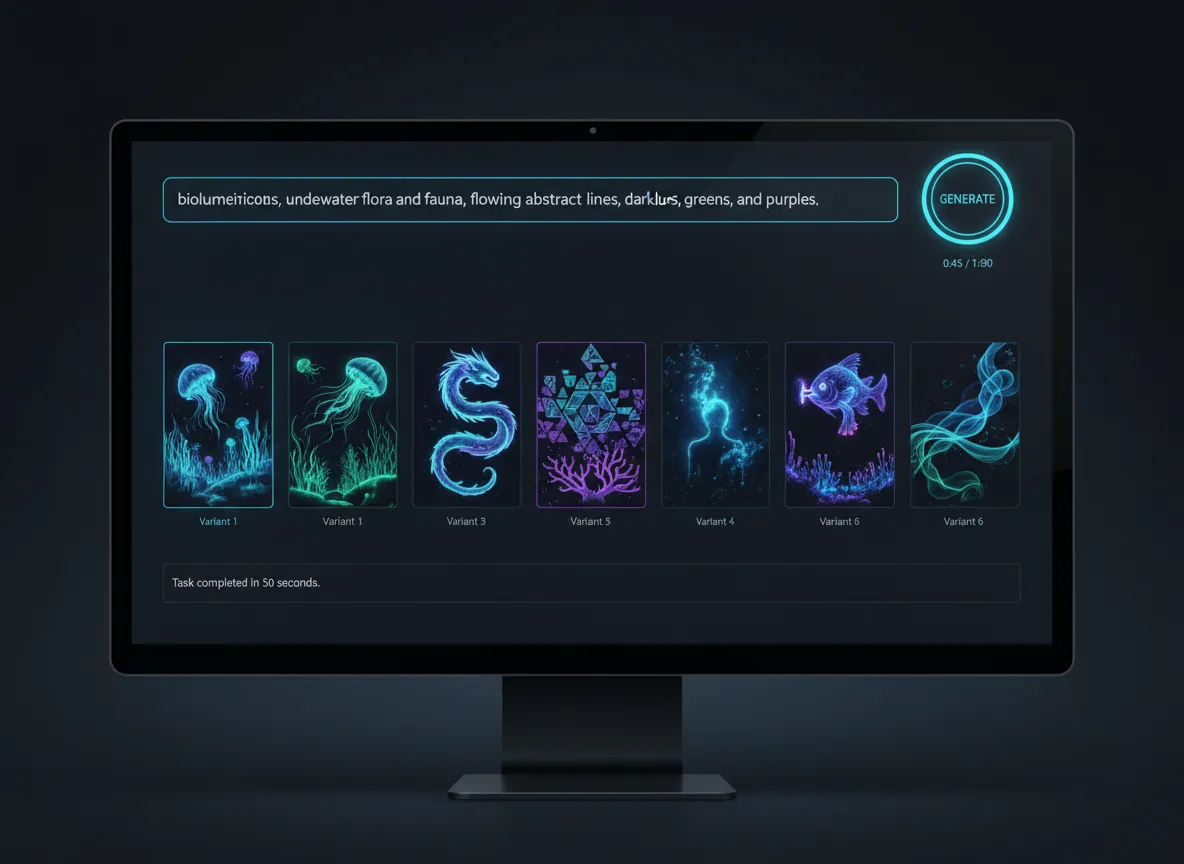Un mockup di interfaccia utente che mostra un singolo prompt di testo generare sei varianti distinte di manifesti con temi bioluminescenti in meno di un minuto.