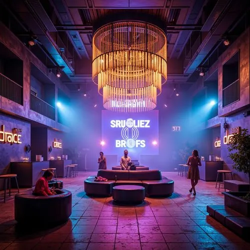 Vibrant nightclub interior, neon-lit dance floor, strobe lights, LED installations, futuristic chandeliers, metallic accents, glossy surfaces, dynamic shadows, moody color palette, deep blues and purp