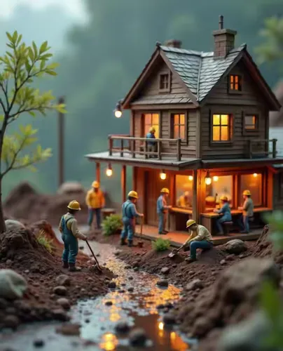 minimal constructionworkers are working,miniature house,diorama,dioramas,summer cottage,miniature figures,dolls houses,little house,cottage,doll house,dollhouses,model house,model train figure,home la