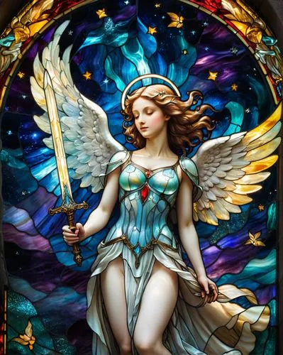 universe, ethereal, angel with sword, message of love,a stained glass angel with a sword is standing in front of a window,faerie,archangel,baroque angel,faery,fairie,archangels,Unique,Paper Cuts,Paper