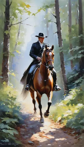 """And Through the Woods"" original fine art by David Kuhn",oil painting,oil painting on canvas,oil on canvas,galloping,man and horses,horse running,western riding,horseback,farmer in the woods,painti