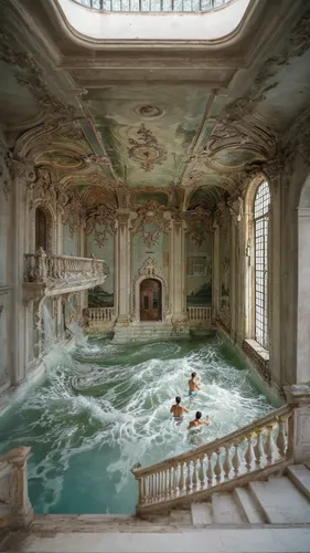 swimming pool in a Rococo museum, white marble stairs,thermal bath,roman bath,baths,marble palace,bath,thermal spring,versailles,luxury decay,thermae,water castle,whirlpool,water palace,floor fountain