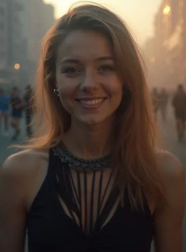 A portrait of a beautiful 22-year-old Caucasian woman with long blonde hair and brown eyes, dressed in a black dress with a high neckline and a necklace, standing in a street at sunset. In the backgro