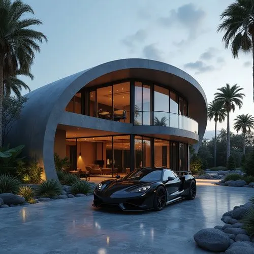 A hyper-realistic, high-resolution architectural photograph of an ultra-modern, luxury residence at dusk, showcasing a sleek, curvilinear façade composed of smooth stone panels, dark metal accents, an