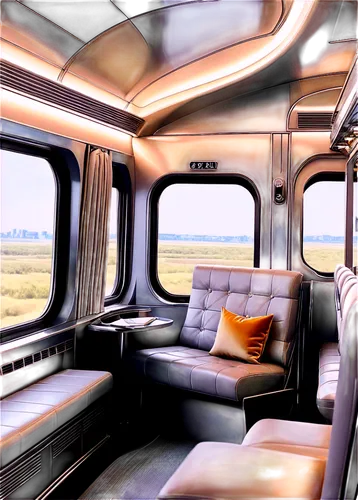 High-speed train, luxurious interior, HD details, metallic silver body, sleek curves, panoramic windows, comfortable seats, luggage racks, reading lamps, soft cushions, warm lighting, shallow depth of