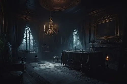 Game Scene Design, wild Angle View,dark cabinetry,victorian room,ornate room,victorian,woolfe,witch's house,haunted cathedral,dark gothic mood,sacristy,hall of the fallen,witch house,dark cabinets,dan