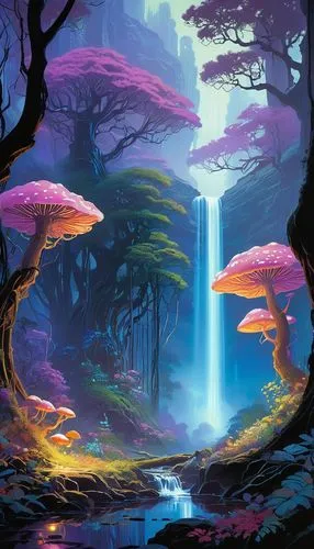 Fantasy nature, mystical forest, ancient trees with glowing mushrooms, sparkling fairy lights, misty atmosphere, vibrant flowers blooming in pastel colors, winding vines, twisted roots, majestic water