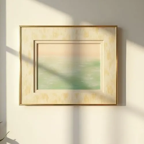 delicate elegant painting on white wall,pastel colors and gold and green, simple slim gold frame, frontview, horizontal
,this is a framed picture in a room,framed paper,wood frame,gold stucco frame,fr