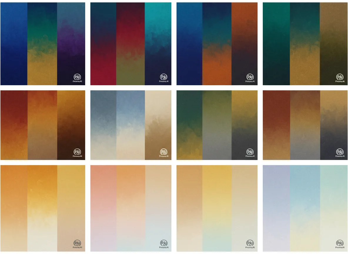 PromeAI द्वारा बनाए गए रंग पैलेट का एक ग्रिड, जो गहरे रत्नों के टोन से लेकर नरम पेस्टल तक विभिन्न उच्च पुनर्जागरण रंग योजनाओं को प्रदर्शित करता है।