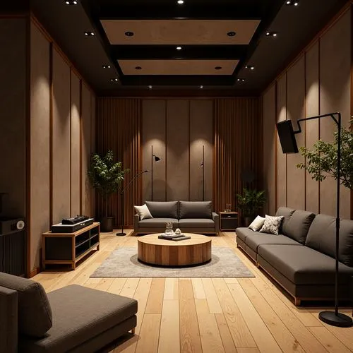 Modern recording studio, soundproofed walls, acoustic panels, wooden floors, minimal decor, professional audio equipment, microphone stands, soundboards, comfortable seating areas, dimmable warm light