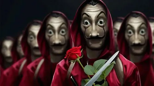 Holding a rose and a sword like in the V for Vendetta movie ,a bunch of creepy looking man with some flowers,metalocalypse,money heist,noble roses,way of the roses,reapers,handmaids,rosebuds,trumpet c