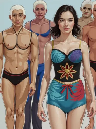 Aquarell, abstrakt,a woman wearing a bathing suit in front of a group of people,the seven deadly sins,vector people,demigods,seven citizens of the country,humanized,role playing game,cartoon people,su