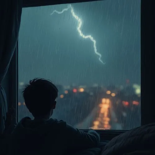 A person looking out the window in cloudy weather and raindrops falling on the window is a classic scene that is often paired with lo-fi music. The occasional flash of lightning or a blurry cityscape 