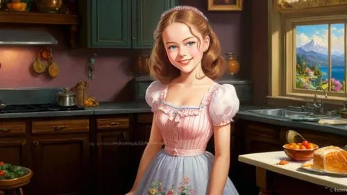 Romantic masterpiece oil painting, cute girl portrait, nostalgic 1950's style kitsch, traditional housewife, tradwife in the kitchen, by Thomas Kinkade, by Bob Ross, high res,dirndl,girl in the kitche