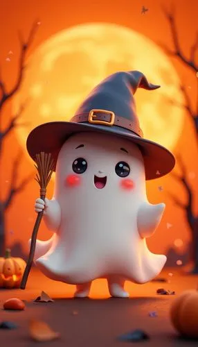 halloween wallpaper,
Cute cartoon ghost wearing a witch hat, holding a pumpkin and a broomstick, against an orange background with a crescent moon and trees, in a Halloween scene illustration. The art