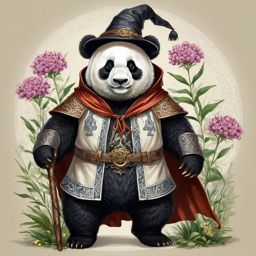 "Générer une image en noir et blanc d'un panda géant anthropomorphique habillé en sorcier ou aventurier. Le panda doit avoir une expression douce et légèrement espiègle. Son pelage doit être rendu ave