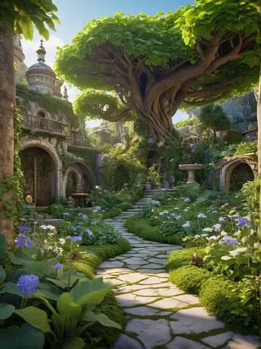 Game Scene Design, wild Angle View,mushroom landscape,fairy village,garden of plants,green garden,the garden,nature garden,rivendell,fairy forest,ecotopia,biopiracy,fairy world,dandelion hall,fantasy 