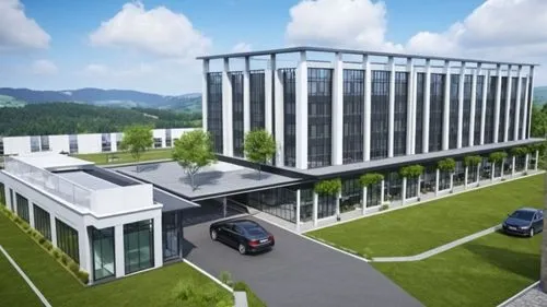 Photo realistic industrial building, blender render, vray render,achicad render ,an image of office building from above,biotechnology research institute,new building,modern building,solar cell base,he