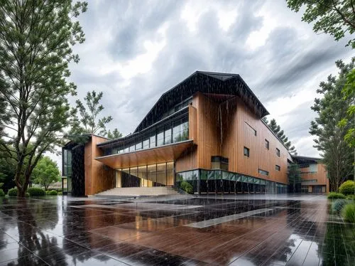 (raining day:1.5),hurricane benilde,performing arts center,universiti malaysia sabah,kettunen center,music conservatory,shenzhen vocational college,new building,modern architecture,corten steel,cube h