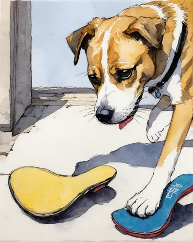 Mischievous doggy stealing a slipper.,watercolor dog,watercolour socks,dog illustration,dog drawing,slipper,holding shoes,jack russel,water shoe,pet portrait,dog playing,smooth collie,shoemaker,bathin
