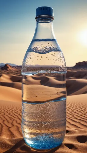 bottle of water, in the middle of the desert, the film light, panoramic shot, is very breathtaking, very realistic, 8k quality, hyper realistic, ultra realism,bottled water,bottle of water,parched,enh