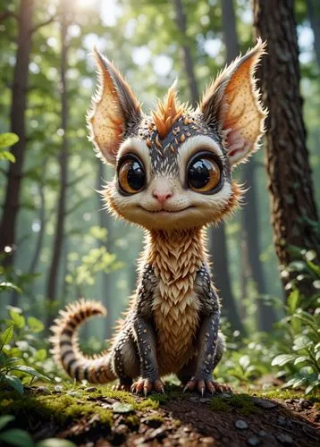 a cute creature design, 8k resolution, highly detailed, sharp focus, full body shot,a weird looking animal in the middle of the woods,cartoon animal,cute cartoon character,cute animal,fantasy animal,s