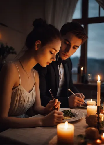 Write a romantic scene between a boyfriend and girlfriend at a candlelit dinner.,romantic dinner,romantic night,romantic scene,romantic look,romantic portrait,candle light dinner,romantic,online date,