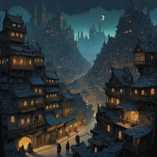 medieval town,escher village,night scene,ancient city,aurora village,fantasy city,mountain settlement,knight village,witch's house,hamelin,old town,mountain village,spa town,winter village,fantasy lan