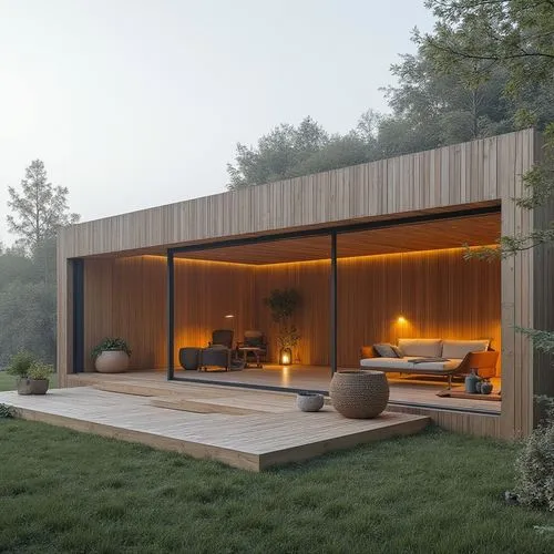 Design a villa combining modern minimalism with Scandinavian design, featuring wood-clad interiors and cozy nooks,an outdoor living area with patio and wooden floors,timber house,forest house,wood dog